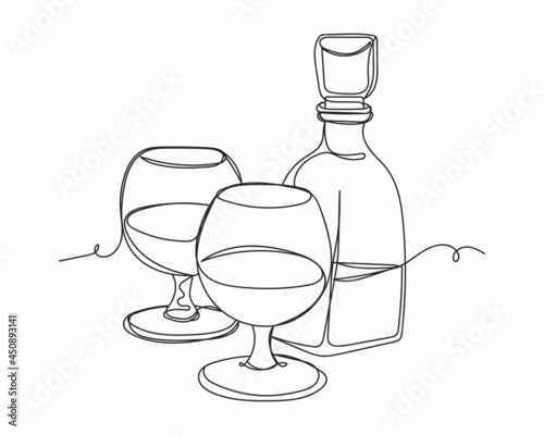 Continuous one line drawing of cognac or whiskey in glasses in silhouette on a white background. Linear stylized.Minimalist.