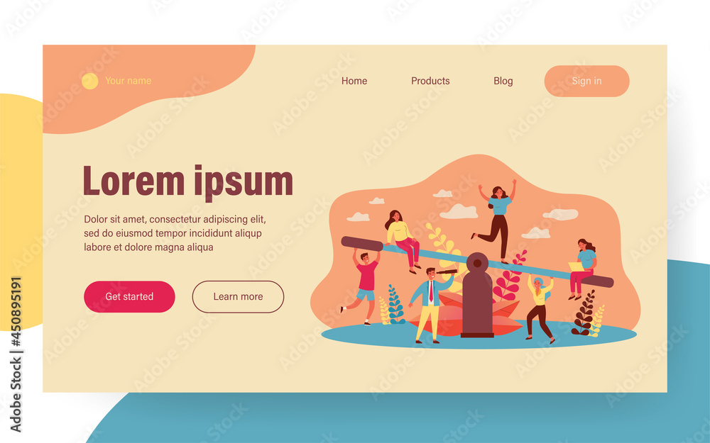 Business team competition. Groups of people balancing on seesaw, weighing down scale. Vector illustration for comparison, advantage, equilibrium, teamwork concept