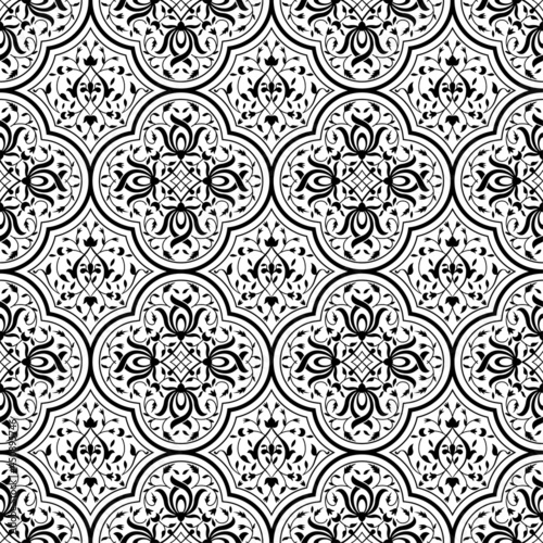 Seamless black pattern, traditional Persian, East decor. Transparent back. Swatch is included.