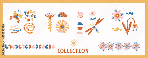 Whimsical henri matisse style cut out shape pattern set. Seamless collage retro allover print collection. Trendy playfull baby nursery decor, scandi fashion, decorative child prints. Vector swatches