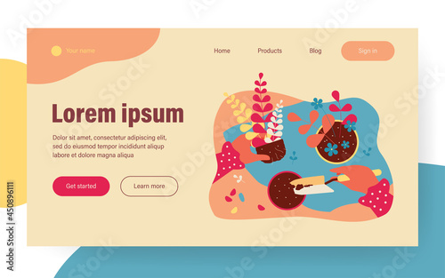Woman replanting houseplants. Hands of person holding plant and shovel, digging up soil in pot. Vector illustration for florist job, home plants care, interior decoration concept