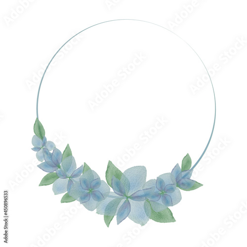 Fototapeta Naklejka Na Ścianę i Meble -  Delicate round frame wreath with blue flowers in watercolor
