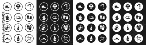 Set Shower head, Garbage truck, Clean vase, Electric iron, Rubber gloves, Stain the tablecloth, Cleaning service and Washing dishes icon. Vector