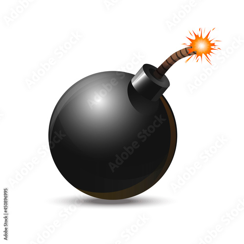 Vector black realistic bomb with a wick ready to explode . Great design for any purposes. White background.