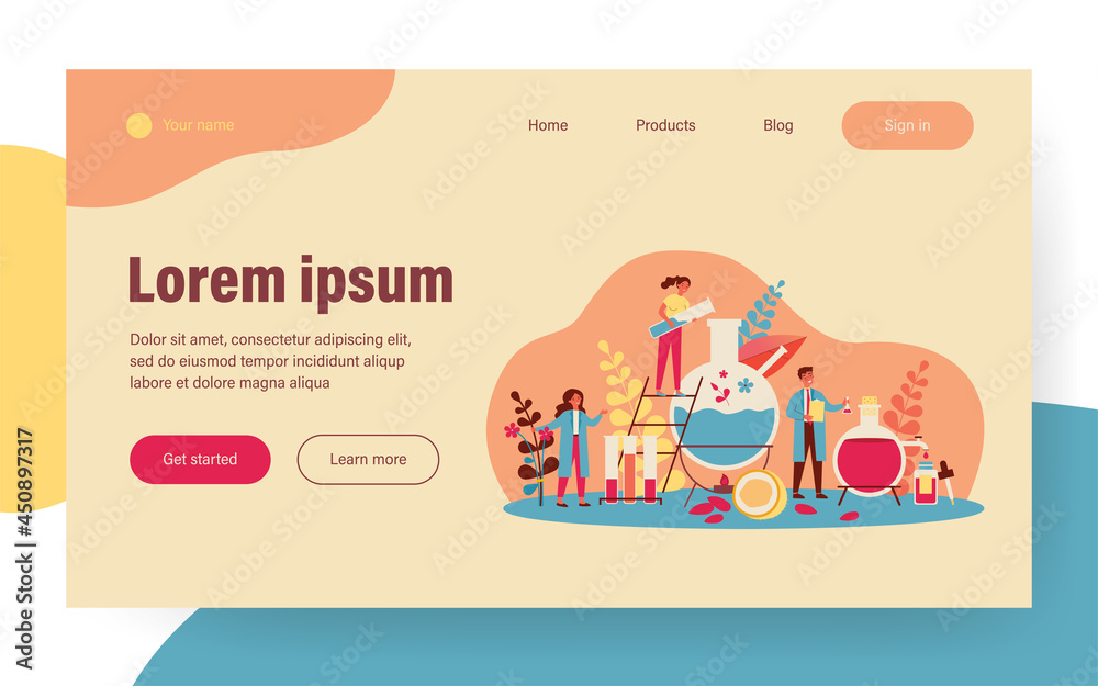 Happy people mixing herbs in flasks for essential oils flat vector illustration. Cartoon characters making cosmetics from organic ingredients. Chemistry and healthcare in cosmetology concept