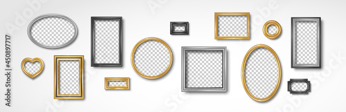 Set of vintage 3d photo frames on white wall. Vector illustration. Realistic gold, silver and black picture boxes, circle, oval and square shapes. Empty blank mockup template, home interior decor
