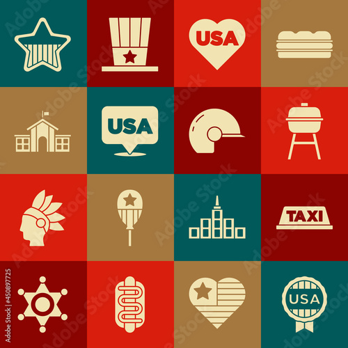 Set Medal with star, Taxi car roof, Barbecue grill, USA Independence day, United States Capitol Congress, and Baseball helmet icon. Vector