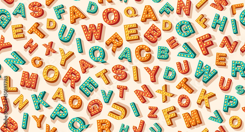 Cute English retro 3d alphabet seamless pattern. Vector illustration. Uppercase colorful letters for kids print, school carnival party, typography vintage background