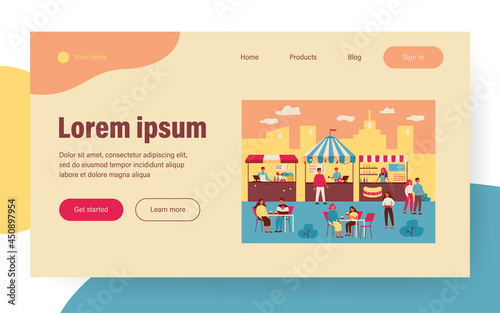 People eating at street food court, visiting festival in park, buying fast food in kiosks. Vector illustration for food market, summer, catering concept