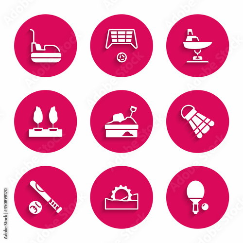 Set Sandbox with sand, Ferris wheel, Racket ball, Badminton shuttlecock, Baseball bat, Forest, Swing boat and Bumper car icon. Vector