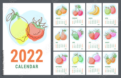 Calendar 2022 year. Fruit sketch. Vector calender design template. Week starts on Sunday. Banana, pineapple, pomegranate and cherry. Strawberry, lemon, lime and mandarin. Apple and grapes