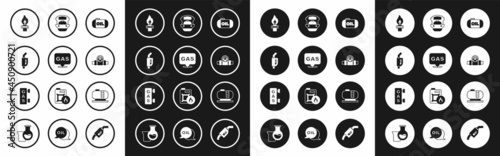 Set Oil tank storage, Location and gas station, Gasoline pump nozzle, rig with fire, Metallic pipes valve, tanker ship, and filling icon. Vector