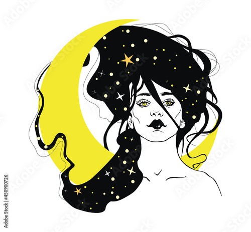 Mysterious lady with moon in her hair. Vector hand drawn illustration in boho style.