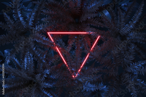 3d rendering of red triangle neon light covered by fern leaves. Flat lay of minimal tropical style concept