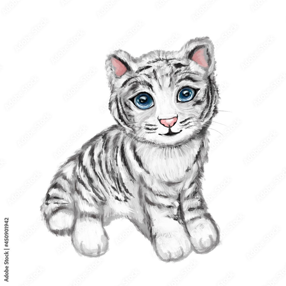 White tiger. Hand drawn white cute little tiger with blue eyes, isolated on white background. Symbol of the 2022 year. Cartoon tiger. Realistic metallic tiger. Winter christmas animal.