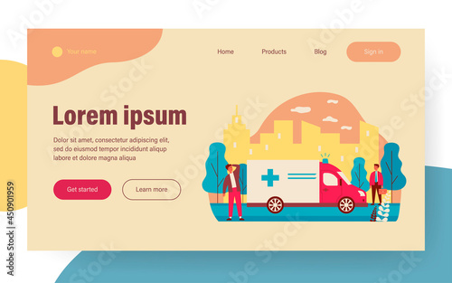 Ambulance car moving on street with loud siren. Pedestrians, van, accident flat vector illustration. Emergency, medical transport concept for banner, website design or landing web page