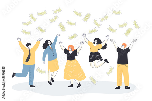 Money falling on happy business people flat vector illustration. Successful team of male and female workers rejoicing over victory, catching coins and celebrating win. Income, finance, luck concept