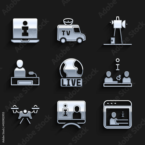 Set Live report, Television, Information, Interview, Drone, Antenna and icon. Vector