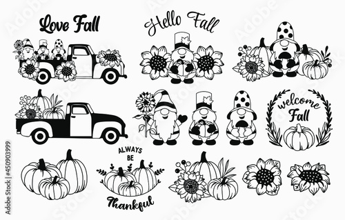 Set of fall elements. Autumn gnomes, pumpkins and sunflowers. Thanksgiving. 