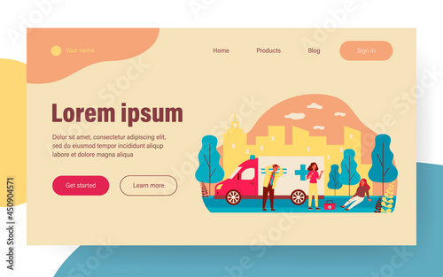 Ambulance brigade arriving to assist injured person. Woman with broken leg sitting outside flat vector illustration. Emergency, first aid concept for banner, website design or landing web page