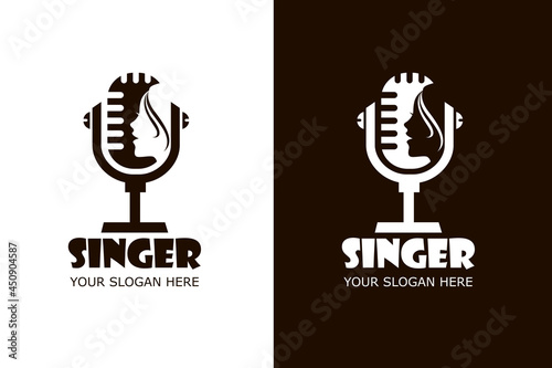 icons with singing woman and microphone isolated on white and black background