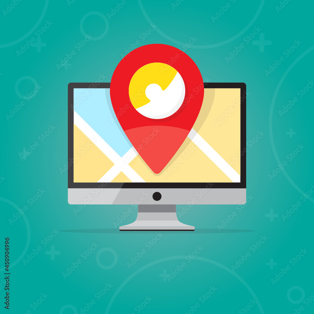 Computer flat design vector illustration. Desktop PC screen with red pin navigation arrow icon on map shows user location. Geolocation app or service. Computer flat design vector illustration. Desktop PC screen with red pin navigation arrow icon on map shows user location. Geolocation app or service.