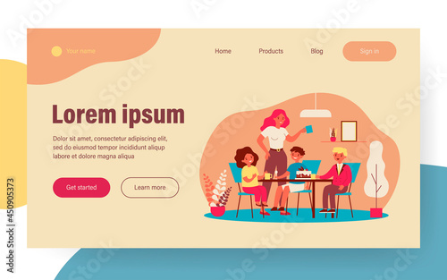 Mom and group of kids drinking tea and eating cake. Dessert, tea party, siblings flat vector illustration. Family, celebration, childhood concept for banner, website design or landing web page