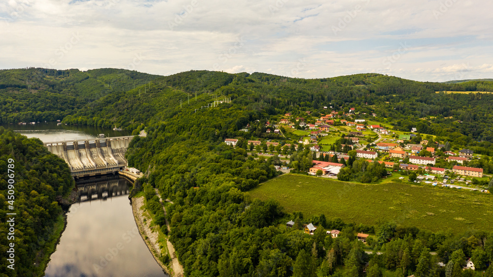 Slapy Reservoir is dam on the Vltava river in the Czech Republic, near to village Slapy. It has a hydroeletrics power station included. Aerial view.