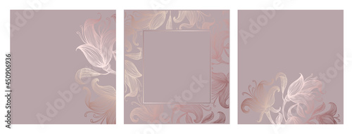 Luxury Frame Design with Hand Drawn Golden Line Flowers. Set of Three Card or Invitation Designs.
