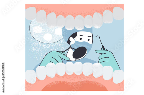 View of dentist with instruments from oral cavity with teeth. Flat vector illustration. Patient opening mouth in front of doctor with mask on his face. Medicine, health care, checkup, hygiene concept