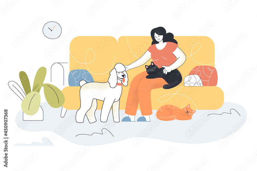 Happy cartoon woman sitting on couch with pets. Flat vector illustration. Girl petting cat and dog, relaxing on yellow cozy sofa. Animal, home, love, friendship concept for banner design, landing page Happy cartoon woman sitting on couch with pets. Flat vector illustration. Girl petting cat and dog, relaxing on yellow cozy sofa. Animal, home, love, friendship concept for banner design, landing page