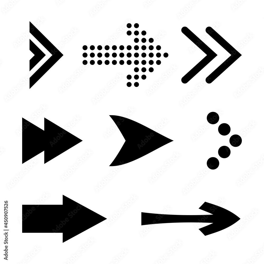 Icon Set of Flat Arrows. Isolated Black Arrow Icon Collection for Back and Next User Interface Icons. Different Concept for Previous or Forward Minimal Web Buttons on White Icon Set of Flat Arrows. Isolated Black Arrow Icon Collection for Back and Next User Interface Icons. Different Concept for Previous or Forward Minimal Web Buttons on White