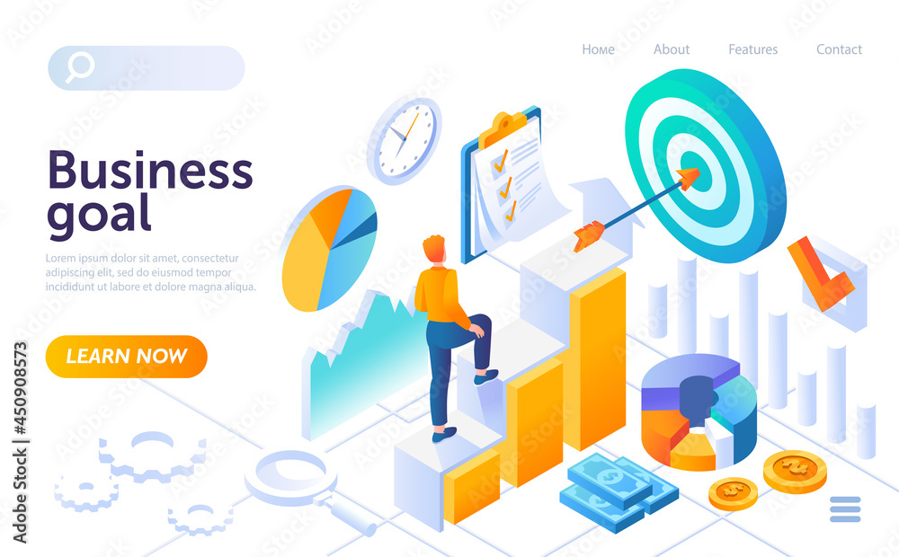 Young businessman is climbing up towards business goal. Concept of ascending career ladder and business goal achieving. Website, web page, landing page template. Isometric cartoon vector illustration Young businessman is climbing up towards business goal. Concept of ascending career ladder and business goal achieving. Website, web page, landing page template. Isometric cartoon vector illustration