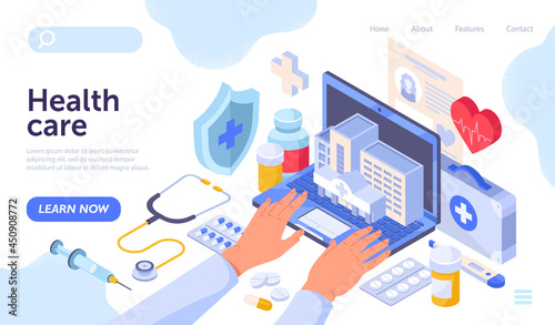 Doctors hands typing on laptop surrounded by hospital elements. Concept of modern online healthcare medical services. Website, web page, landing page template. Isometric cartoon vector illustration.