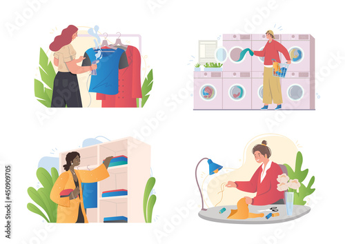 Colorful set of garment care scenes with cleaning, washing, laundrying, drying, repairing and steaming clothes on white background. Men and women with clothes. Flat cartoon vector illustration