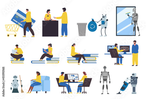 Set of male and female characters in modern technology scenes with robots and cyborgs. People use gadgets and do shopping, students study with books and computers. Flat cartoon vector illustration © Rudzhan