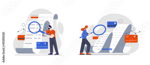 Male and female characters are checking reciept with magnifier on white background. Concept of bank credit cards, secure online payments and financial bill. Flat cartoon vector illustration © Rudzhan