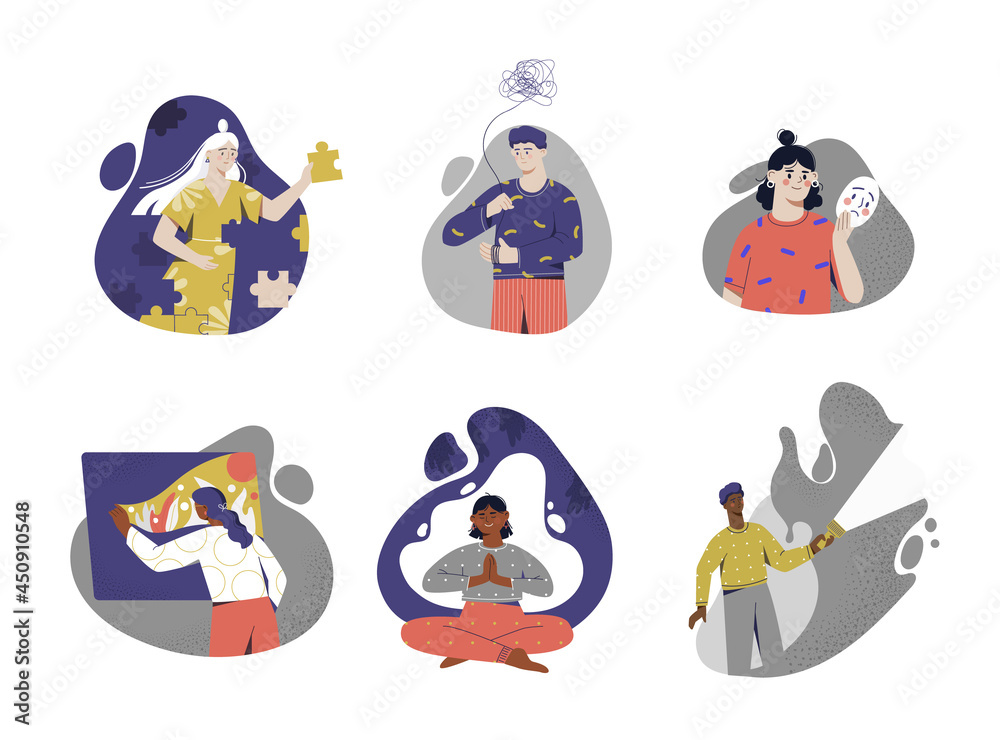 Set of male and female characters are recovering from psychological issues and disorders. Concept of people cooping with mental health recovering or restoring. Flat cartoon vector illustration