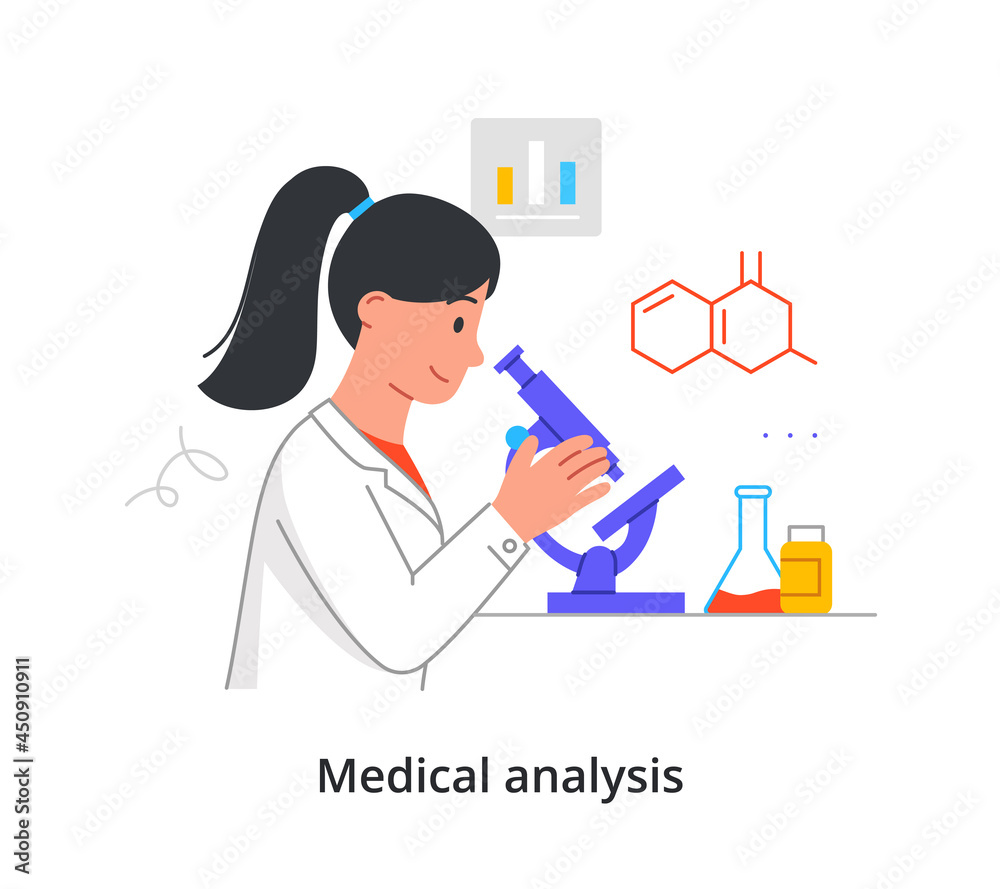 Female scientist is working on medical analysis in laboratory on white background. Concept of scientists working on scientific medicine research in modern lab. Flat cartoon vector illustration