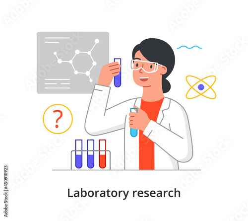 Young female scientist is conducting medical laboratory research on white background. Concept of scientists working on scientific medicine research in modern lab. Flat cartoon vector illustration