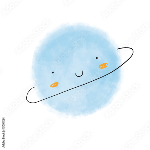 Cute Hand Drawn Blue Planet Vector Illustration. Lovely Nursery Art with Funny Blue Kawaii Style Planet Isolated on a White Background. Lovely Prints for Card, Poster,Kids Room Decoration,Space Party.
