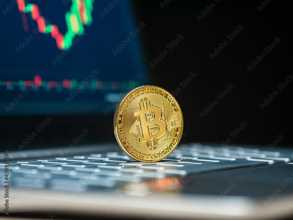 Bitcoin moneta kryptowaluta leży na laptopie w tle wykres wyceny z rynku wzrosty - obrazy, fototapety, plakaty 