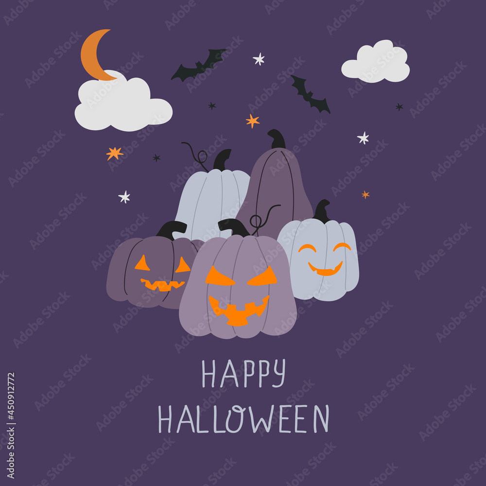 Happy Halloween greeting card with horror pumpkin-heads Jack o laterns on dark background.