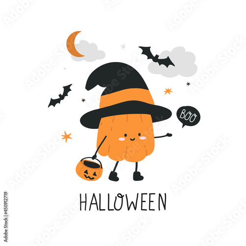 Cute cartoon pumpkins in halloween character costume.