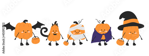 Set of cute cartoon pumpkins in halloween character costumes.