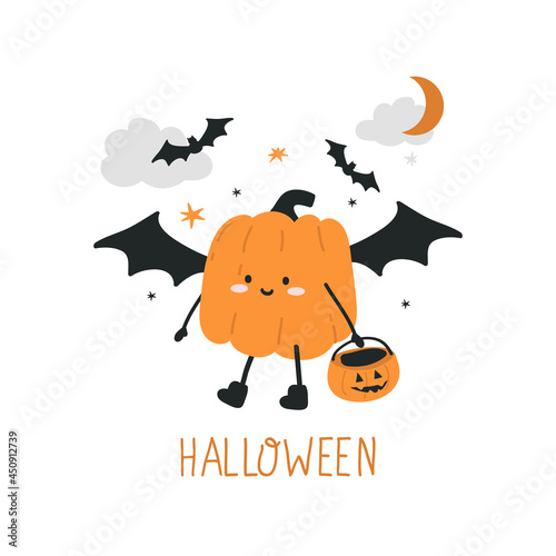 Cute cartoon pumpkin in halloween character costume