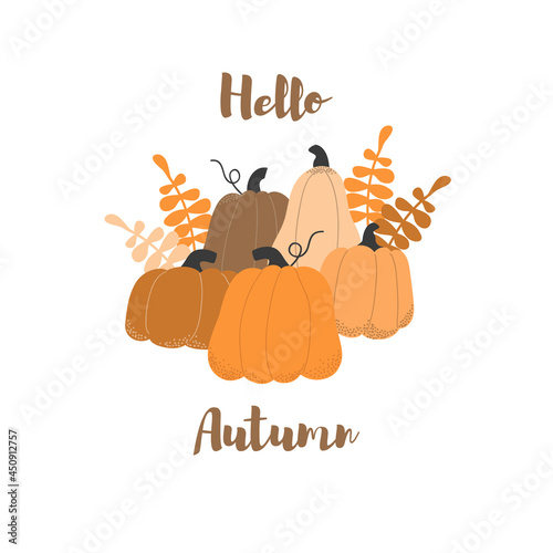 Greeting card with pumpkins and text hello autumn.