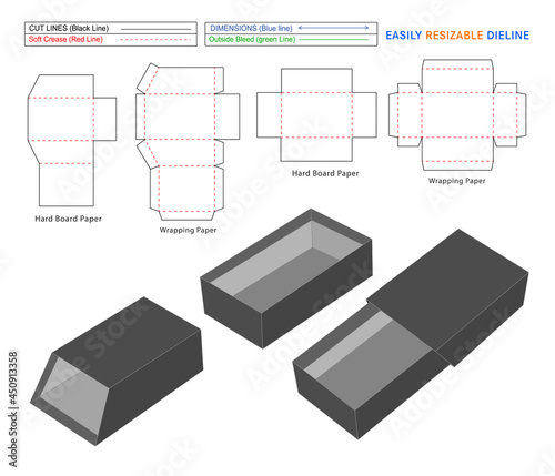 Custom trapezium style Rigid cover box or sleeve box dieline, die cut packaging template design with 3D box