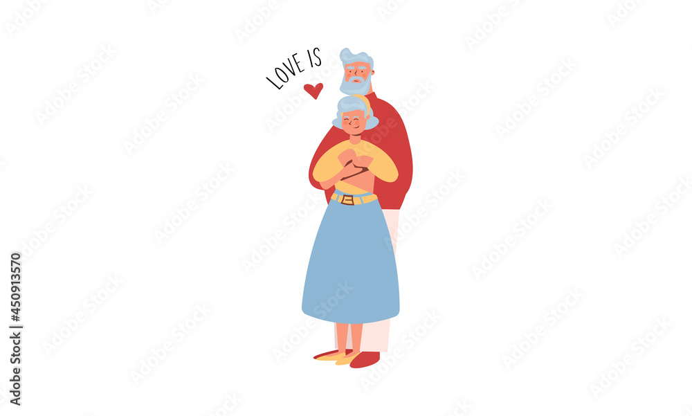 Portrait of a senior couple of old people. Grandparents hugs. Aged man and woman standing together. Colored flat illustration of retired gray-haired grandmother and grandfather. Portrait of a senior couple of old people. Grandparents hugs. Aged man and woman standing together. Colored flat illustration of retired gray-haired grandmother and grandfather.