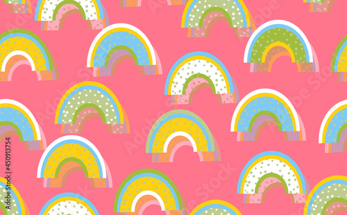 Trendy seamless pattern with colorful rainbow on color background. Design for invitation, poster, card, fabric, textile, fabric. Cute holiday illustration for baby. Doodle style